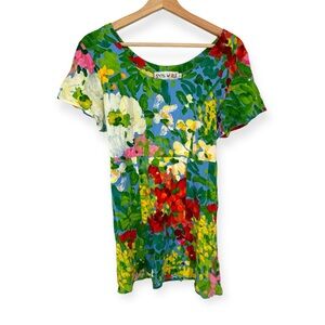 Jams World Women’s Floral Water Color Bright Short Sleeve Tie Back Top Size L